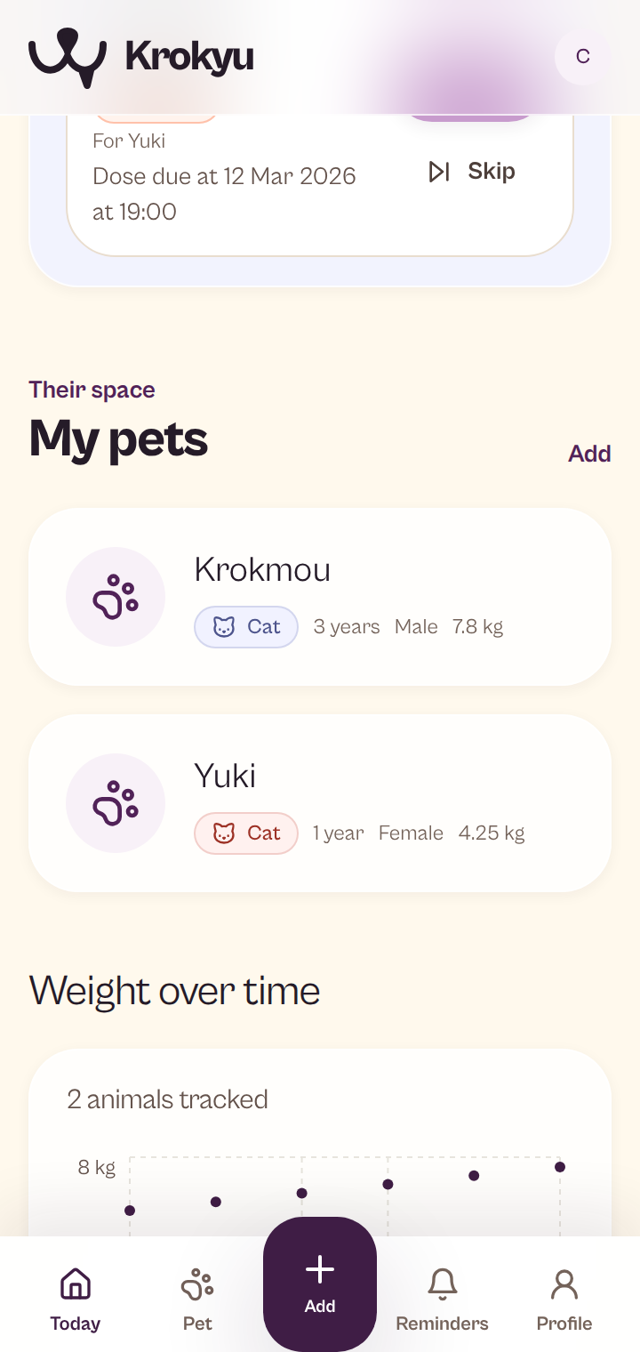 Krokyu mobile dashboard showing Camille's pets