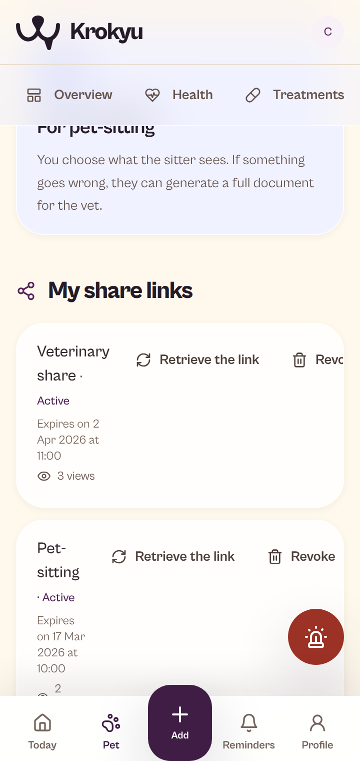 Mobile sharing page for Krokmou's record and its active access links