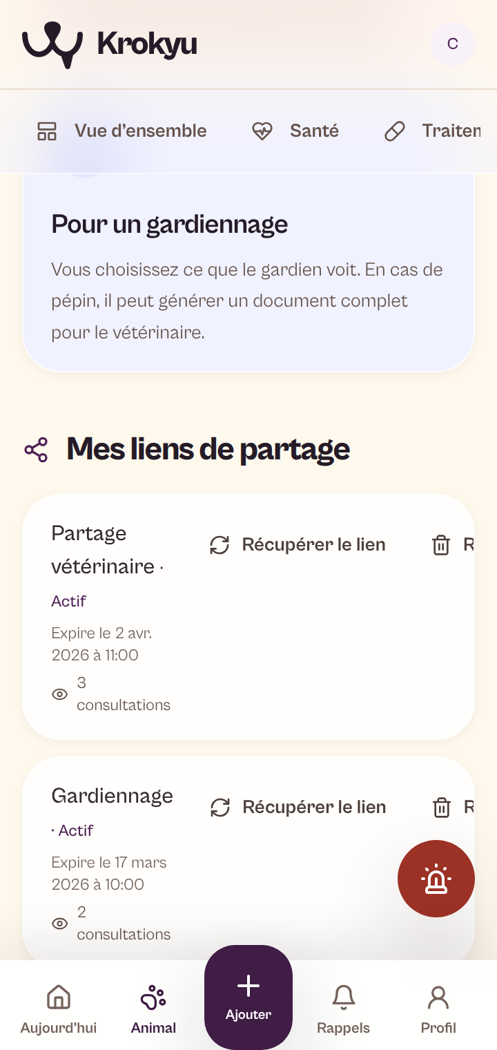 Page mobile de partage du carnet de Krokmou et ses accès actifs